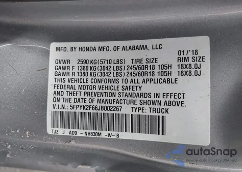 2018 Honda Ridgeline Rtl-T z USA, uszkodzony, nr VIN 5FPYK2F66JB002267